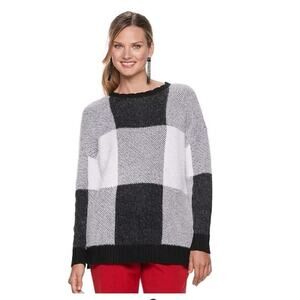 ELLE Womens Color Block Pullover Sweater Size L Longline Black Gray Cozycore
